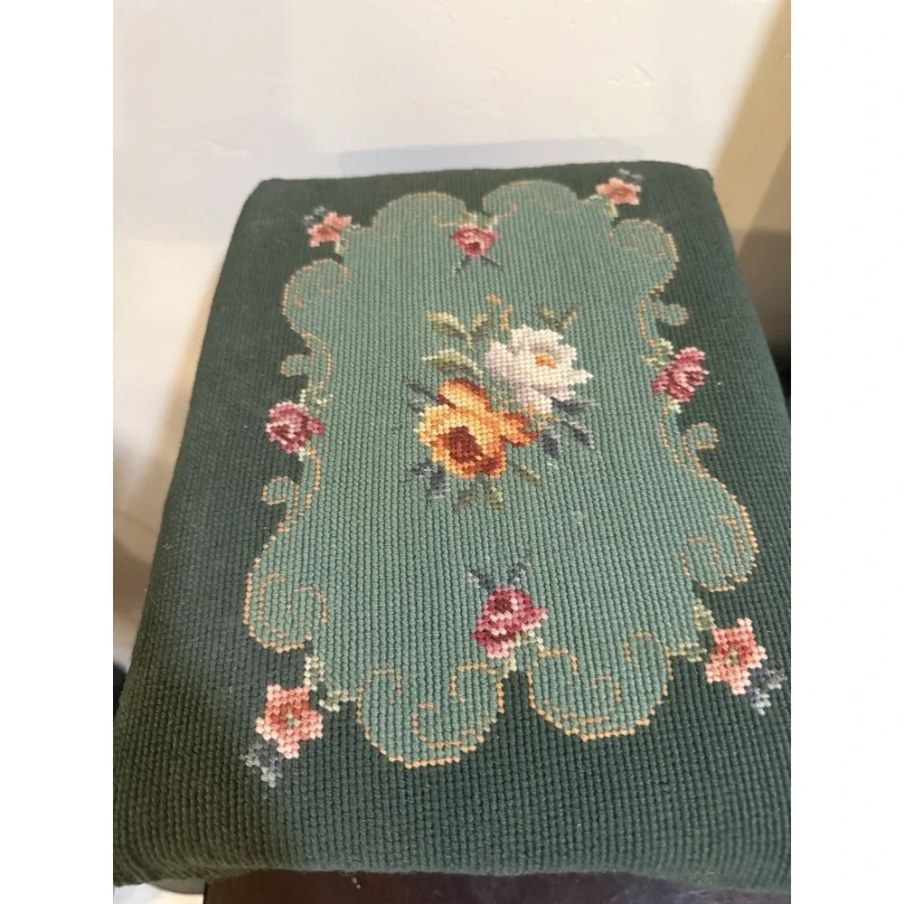 Vintage Floral Needlepoint Footstool Wood Rectangular Green ~9x12
